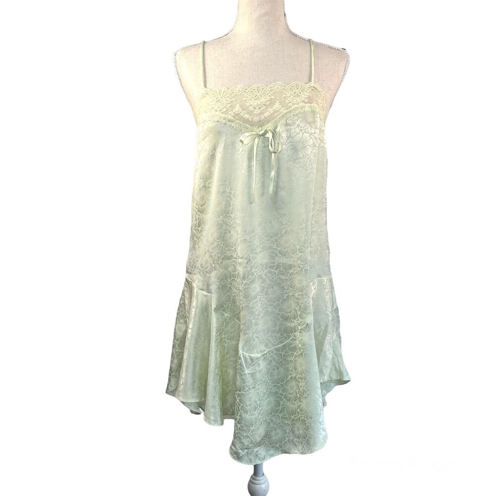 Vintage 80s Gilligan O'Malley Green Satin Floral Slip Dress Honeymoon Bridal